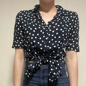Blue and white polka dot button up blouse